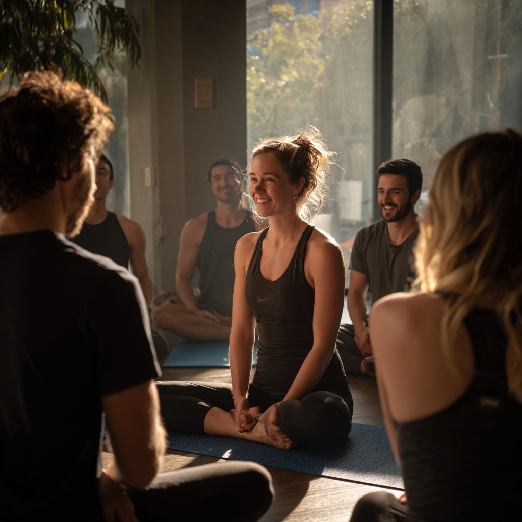 Усміхнена жінка європейської зовнішності середнього віку в спортивному одязі виконує вправу йоги на килимку в світлій студії, демонструючи гнучкість та внутрішню гармонію